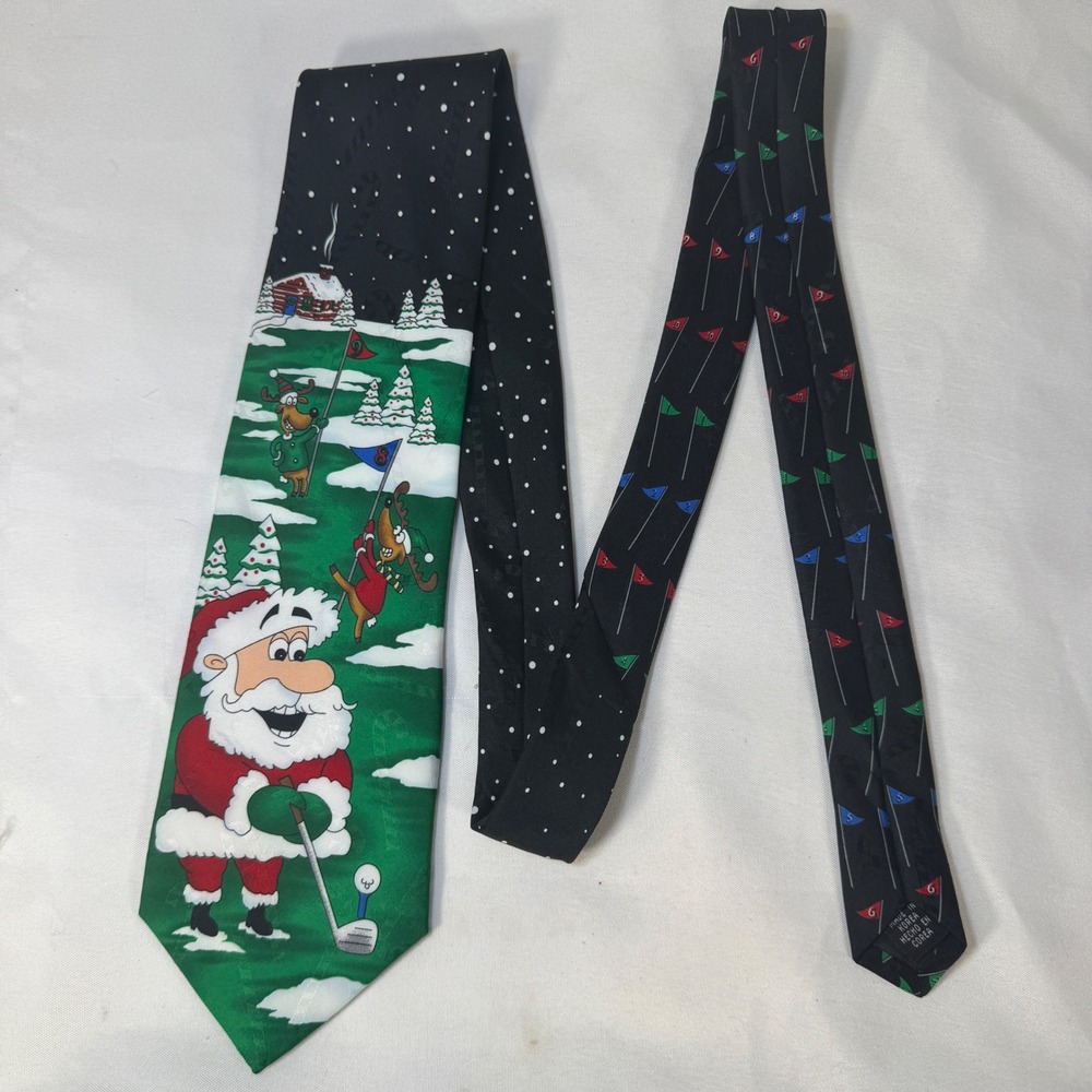 Yule Tie Greetings Hallmark Christmas Golf Santa Reindeer Green Black Necktie